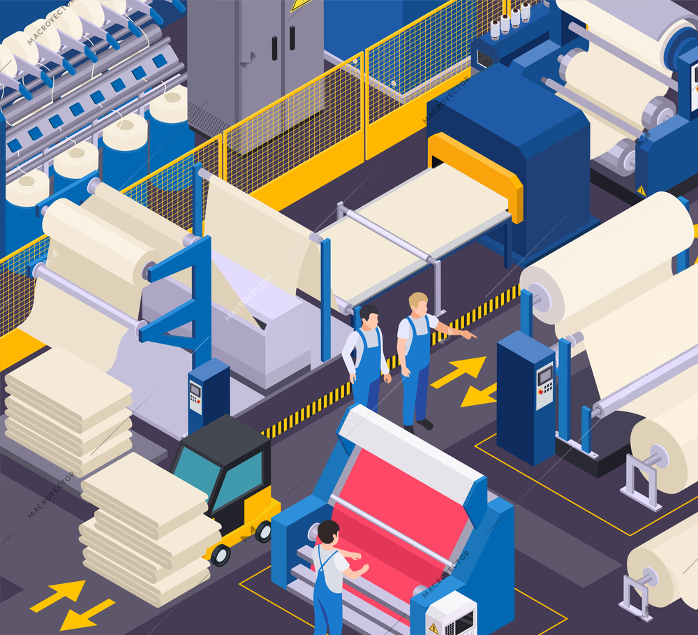 Textile industry isometric composition with indoor view of factory department with spinning frames and male workers vector illustration