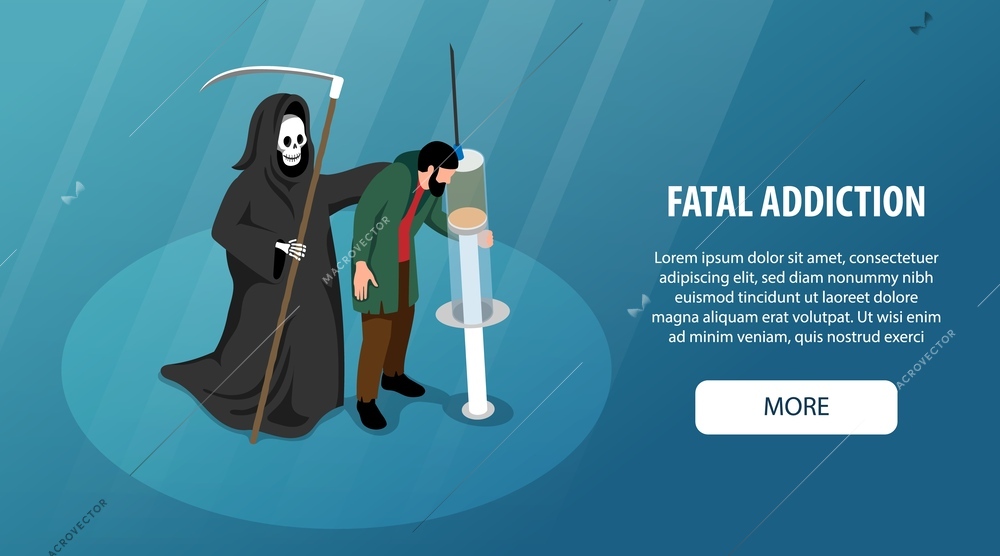 Fatal addiction horizontal isometric web banner with character of death and drug addicted man with syringe 3d vector illustration