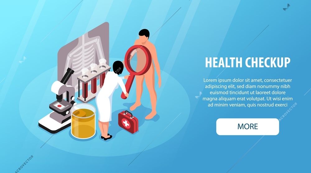 Medical health checkup horizontal banner template with laboratory equipment and characters of doctor and patient vector illustration