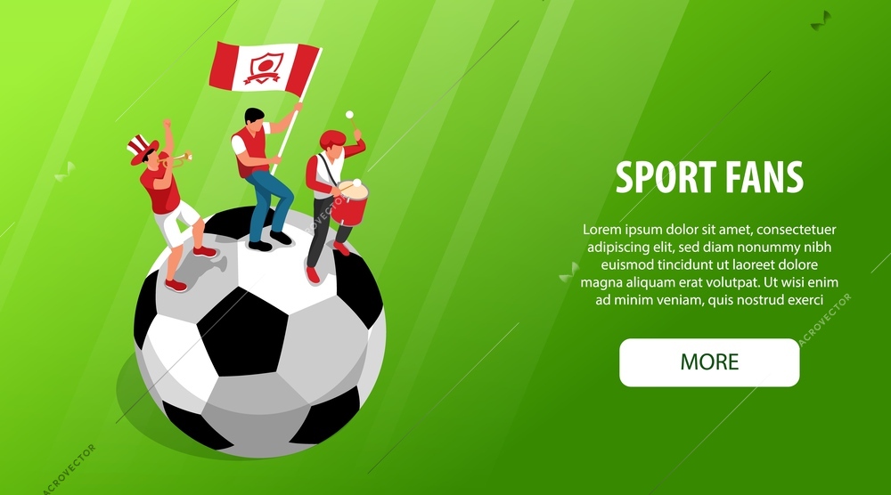 Isometric horizontal green background website banner with group of male sport fans cheering on football vector illustration
