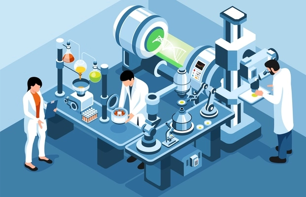 Group of scientists doing dna research in biotechnology laboratory isometric vector illustration