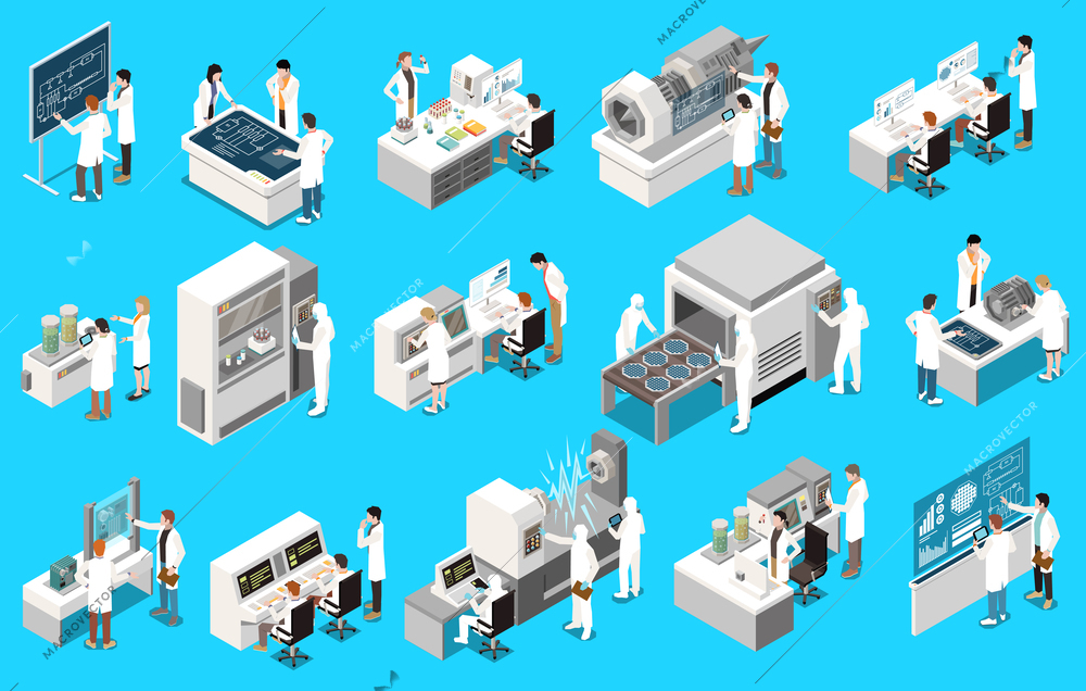 Research development isometric icons set with engineers and scientists working in tech lab isolated vector illustration
