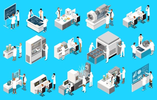 Research development isometric icons set with engineers and scientists working in tech lab isolated vector illustration