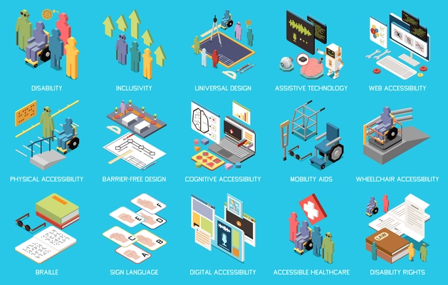 Accessibility isometric icons set with digital and environmental technologies for handicapped isolated vector illustration