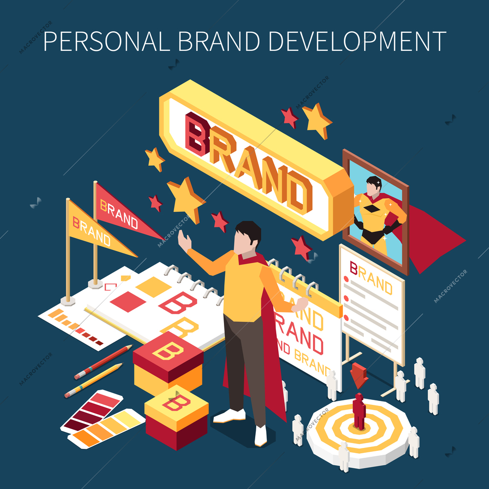 Personal branding isometric concept with business and self-development symbols vector illustration