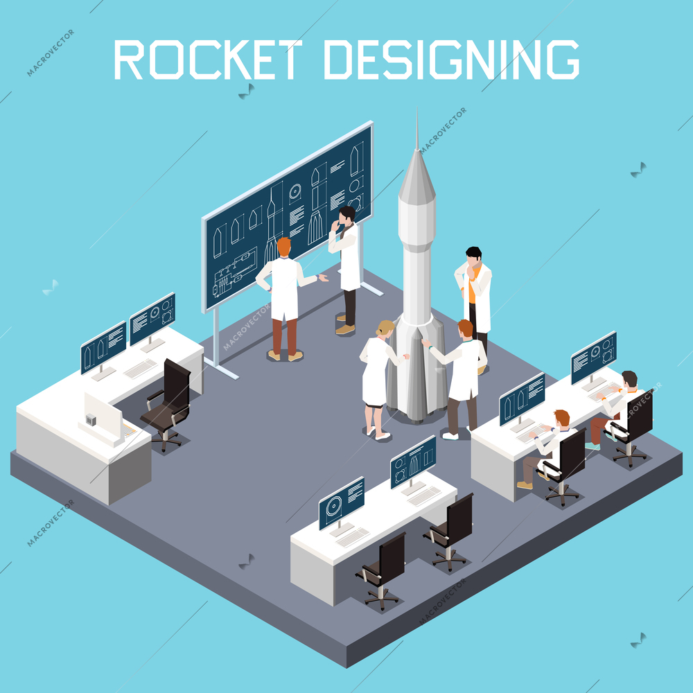 Rocket building isometric concept with scientists during designing process vector illustration