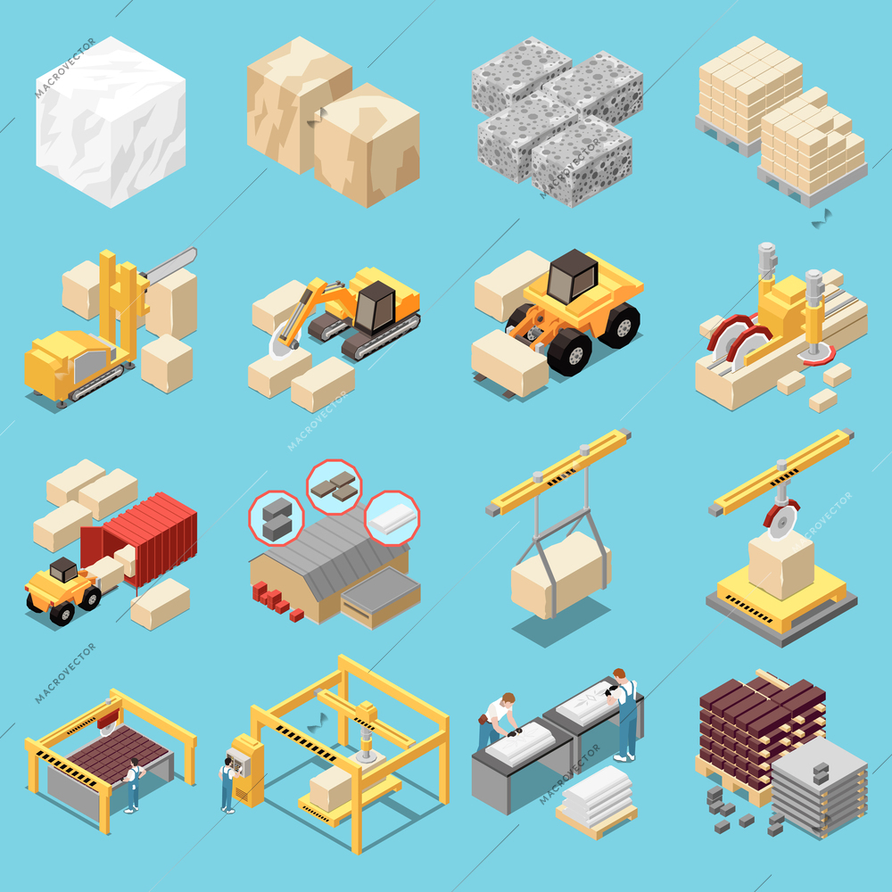 Stone quarry isometric icons set with marble and granite mining isolated vector illustration