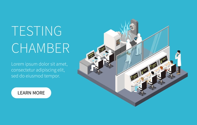 Research development isometric concept with engineers in testing chamber vector illustration