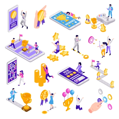 Gamification isometric set of people playing games and getting rewards isolated 3d vector illustration