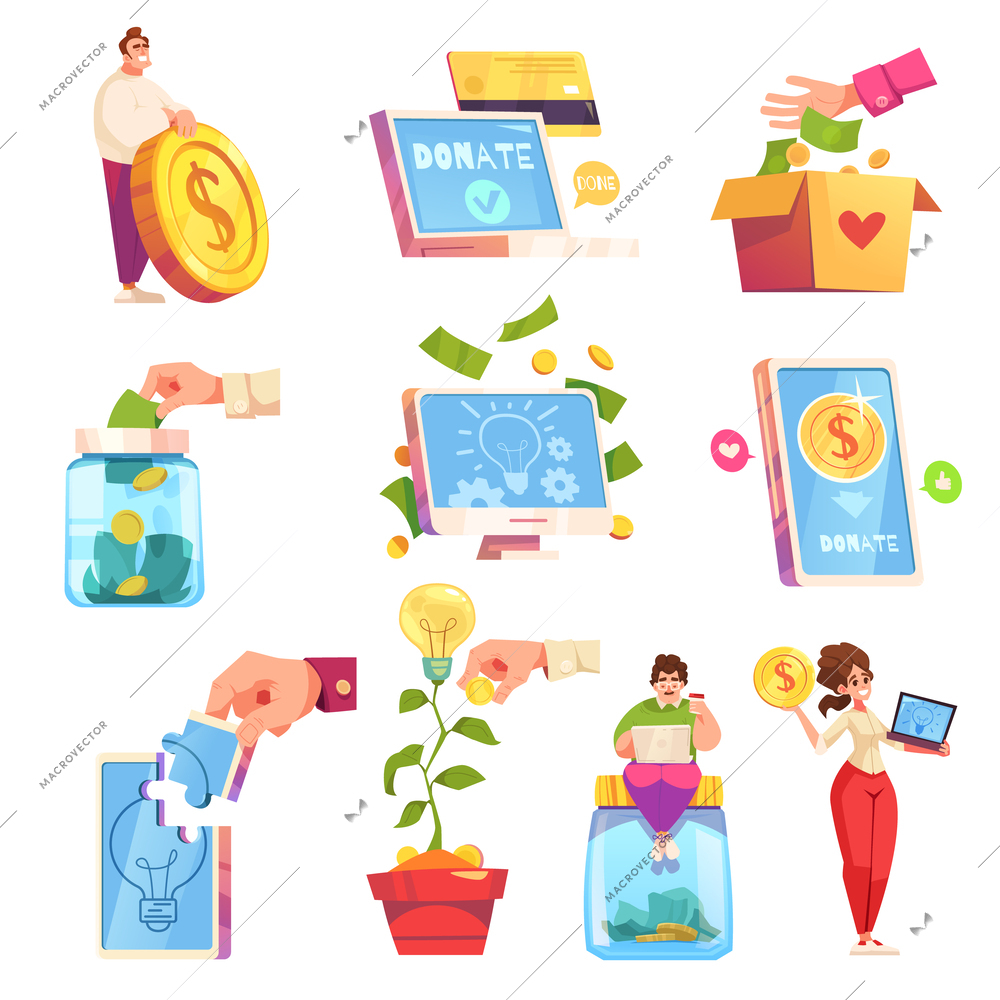 Crowdfunding flat cartoon icons set with productive idea funding and startup investment symbols isolated vector illustration