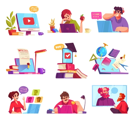 Online education cartoon icons set with students with mobile gadgets isolated vector illustration