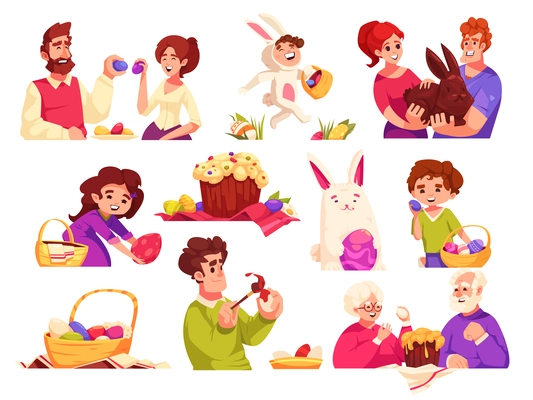 Easter cartoon icons set with people painting eggs and celebrating isolated vector illustration