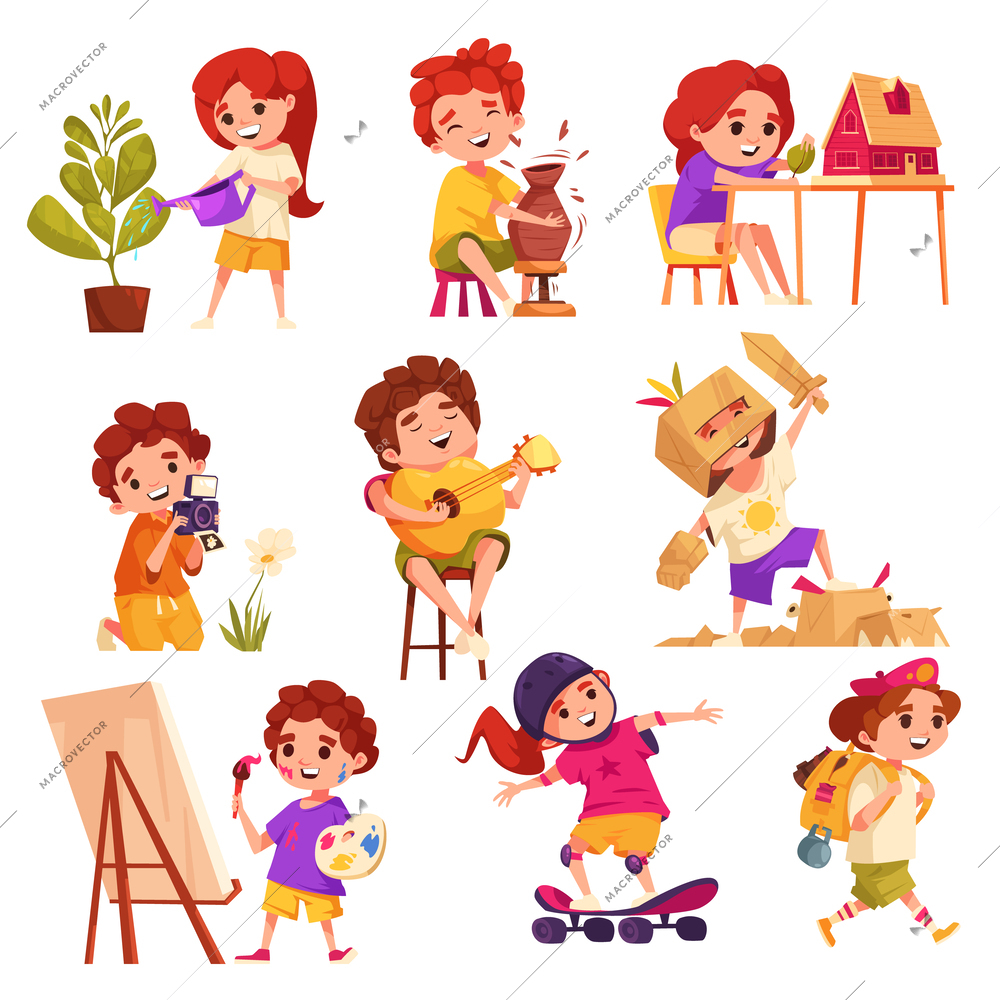 Children doing various creative hobbies like gardening painting and skateboarding isolated vector illustration