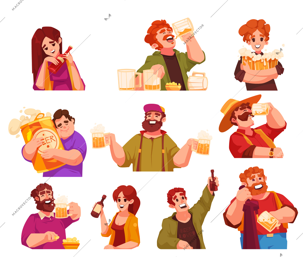 Beer cartoon icons set with people holding beverage bottles and glasses isolated vector illustration