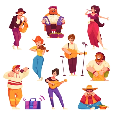 Street musicians cartoon icons set with people singing and playing outdoors isolated vector illustration