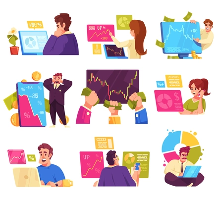 Stock market cartoon icons set with people trading online isolated vector illustration