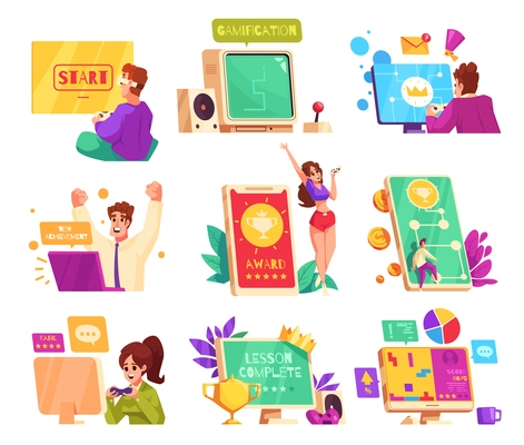 Gamification cartoon icons set with people in working and studying scenes isolated vector illustration