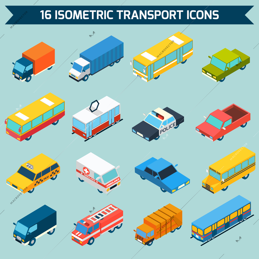 Isometric public city transport 3d icons set isolated vector illustration