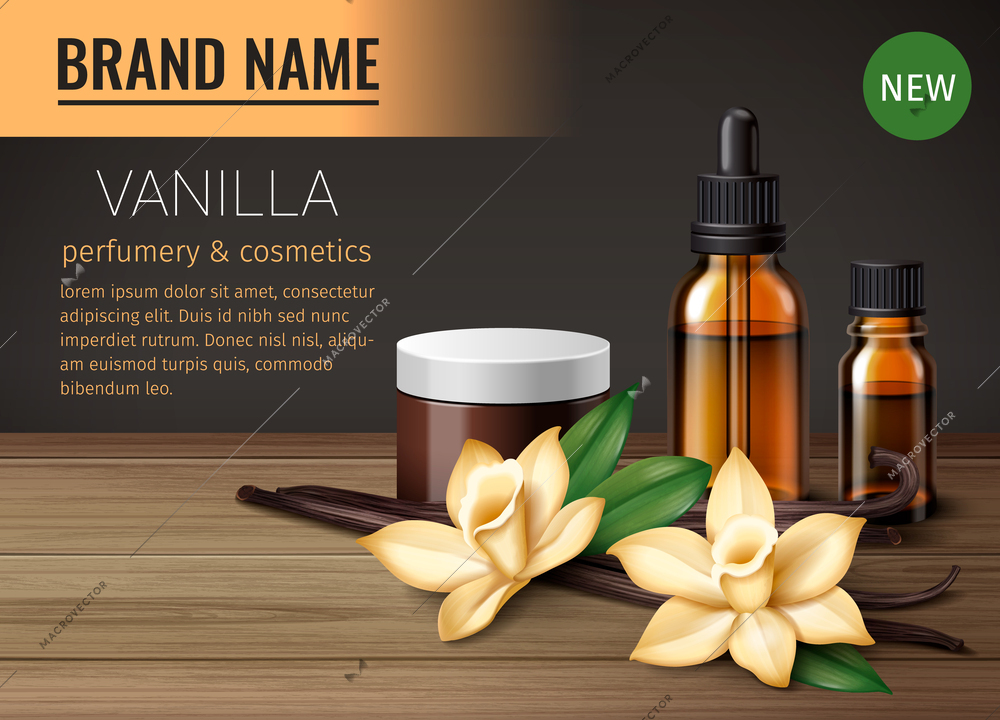 Realistic vanilla poster with aromatic flowers and perfume products vector illustration