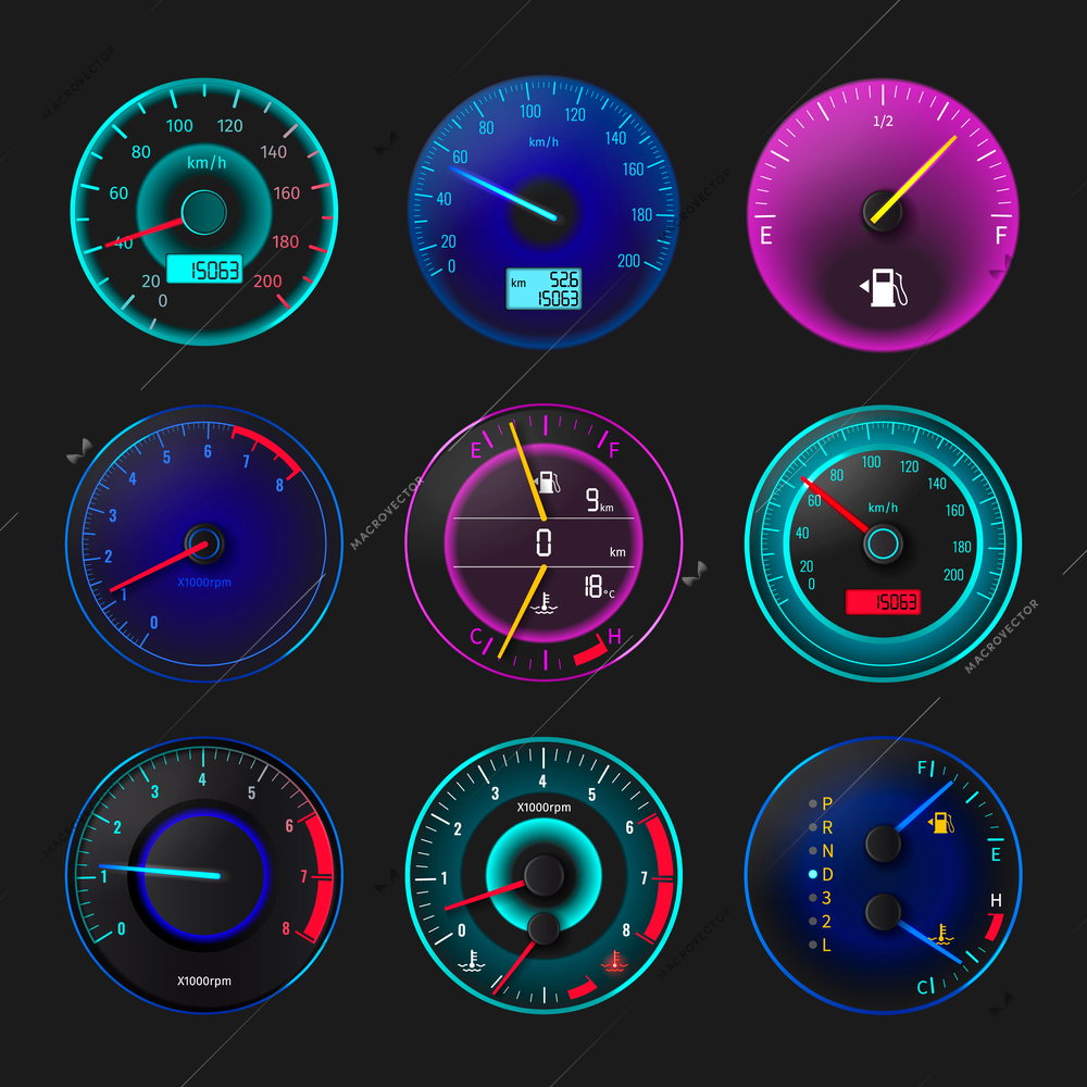 Modern realistic auto speedometer icons set isolated vecor illustration