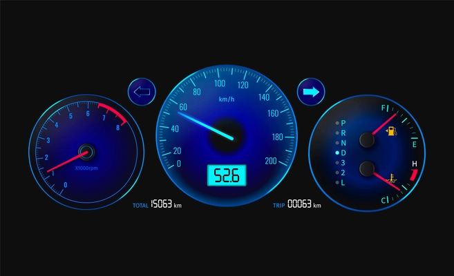 Car dashboard realistic concept with speedometer tachometer and odometer vector illustration