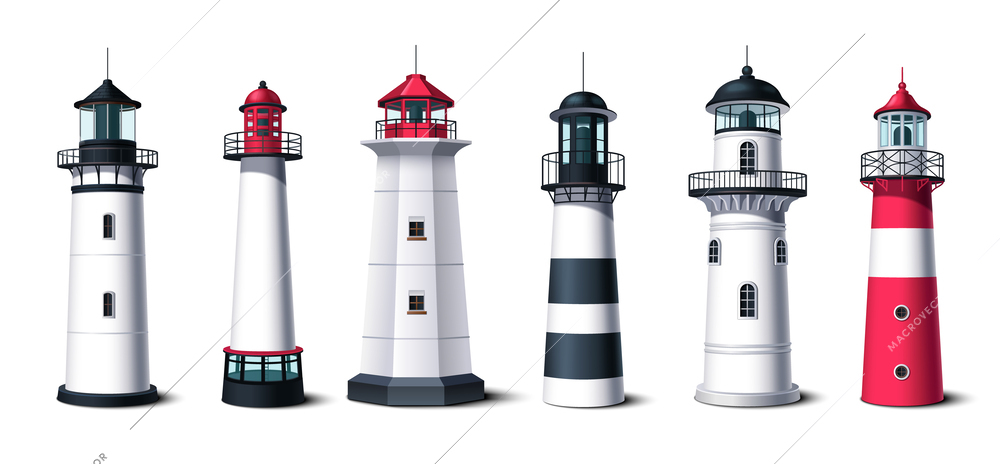 Lighthouse realistic icons set with light house buildings on white background isolated vector illustration