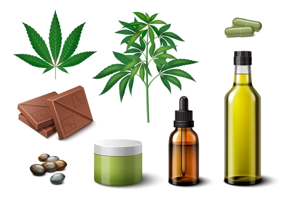 Medical marijuana realistic icons set with cosmetic oil and food products isolated vector illustration