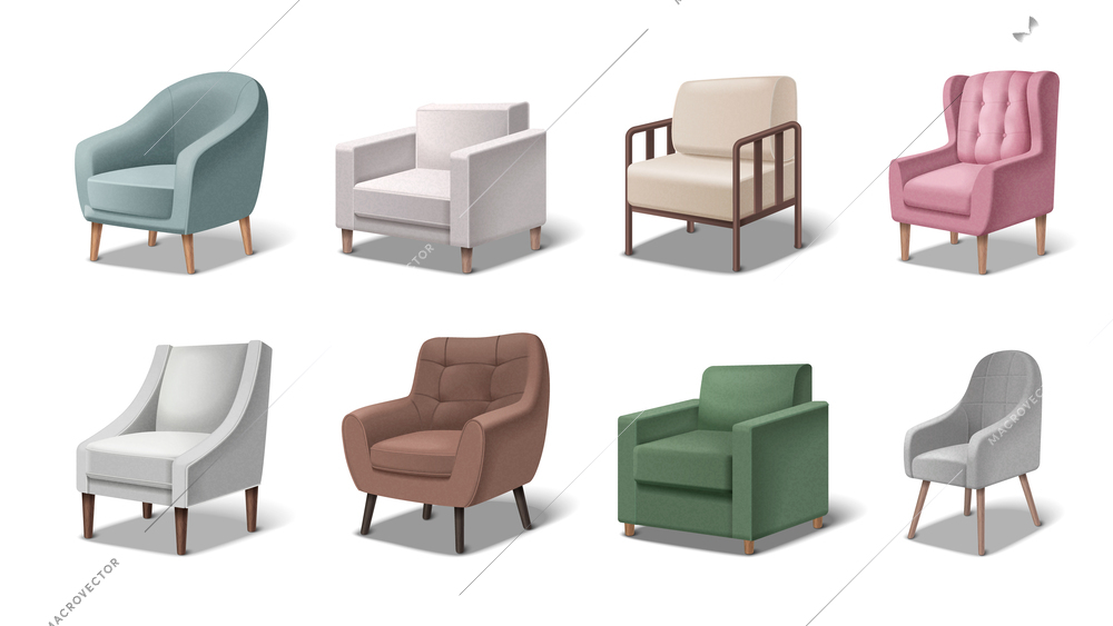 Armchair realistic icons set with office and living room interior items isolated vector illustration