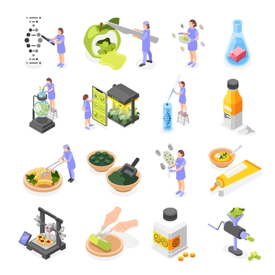 Food of future isometric icons set of smart farming genetically modified products 3d printer artificial meat in tube isolated vector illustration