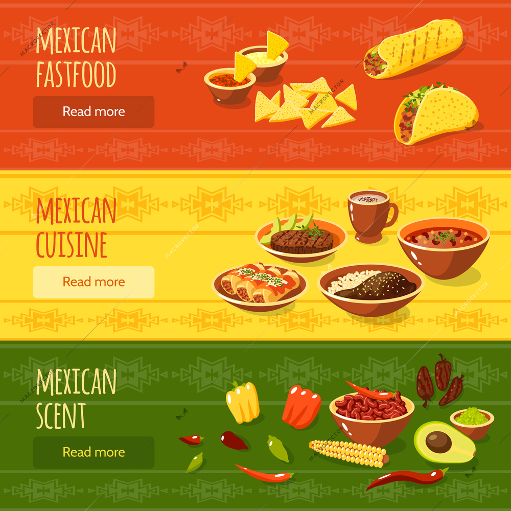 Mexican food horizontal banner set with fastfood scent cuisine elements isolated vector illustration