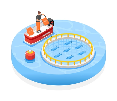 Seafood farming isometric composition with female worker in boat feeding fish throwing food into floating round fish cage vector illustration