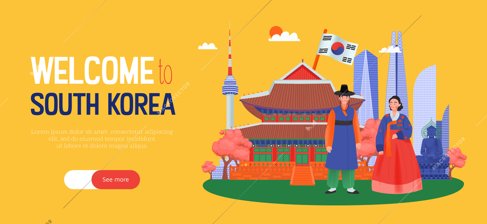 South korea horizontal banner with welcome to south korea headline and see more button vector illustration