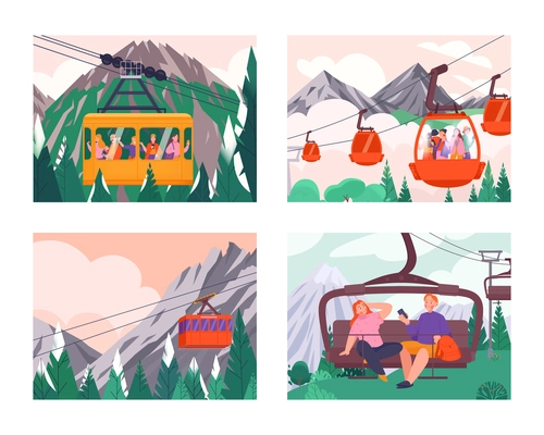 Four landscape cableway color concept set sightseeing tours mountain climbing and ski slopes vector illustration