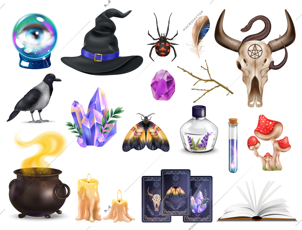 Realistic magic witchcraft icon set witchs attributes glass ball witchs hat potion magic cards fly agaric and spell books vector illustration