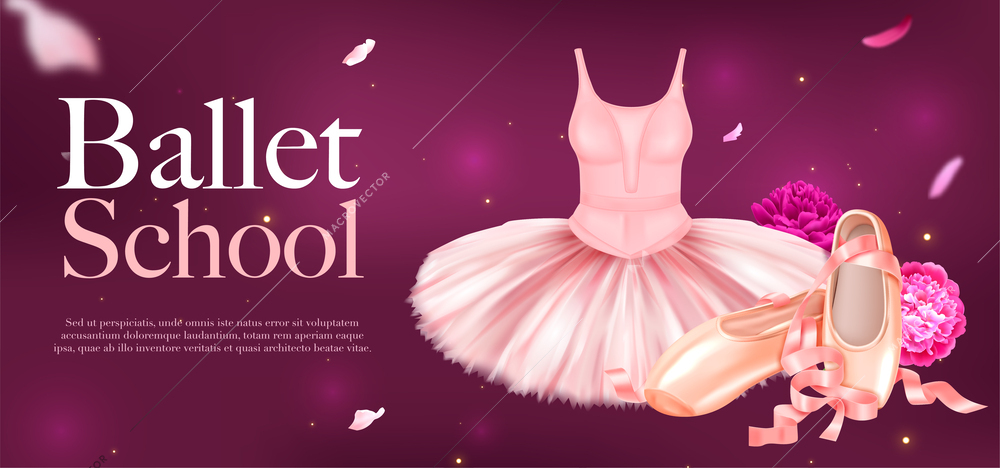 Ballet school horizontal poster template with ballerina dress and shoes peonies and falling petals on color background vector illustration
