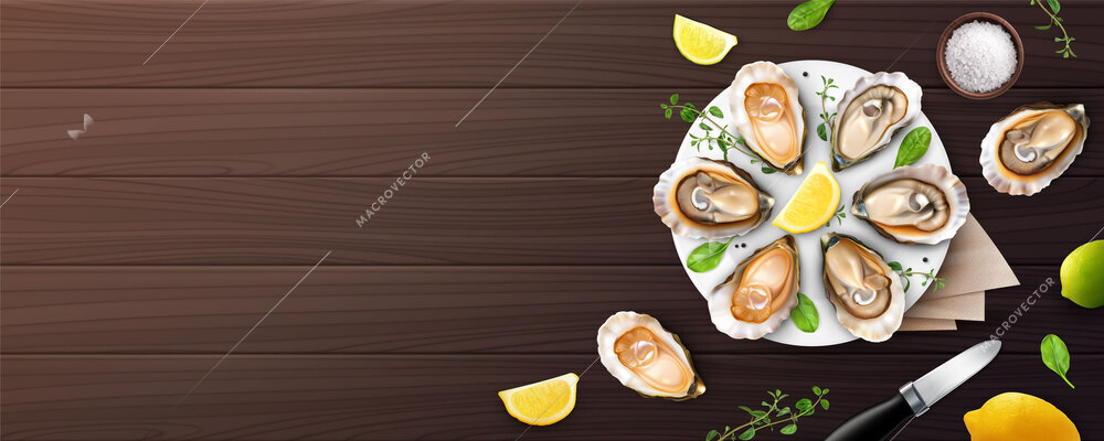 Fresh opened oysters with lemon herbs and salt served on plate with special knife on dark wood background realistic composition vector illustration