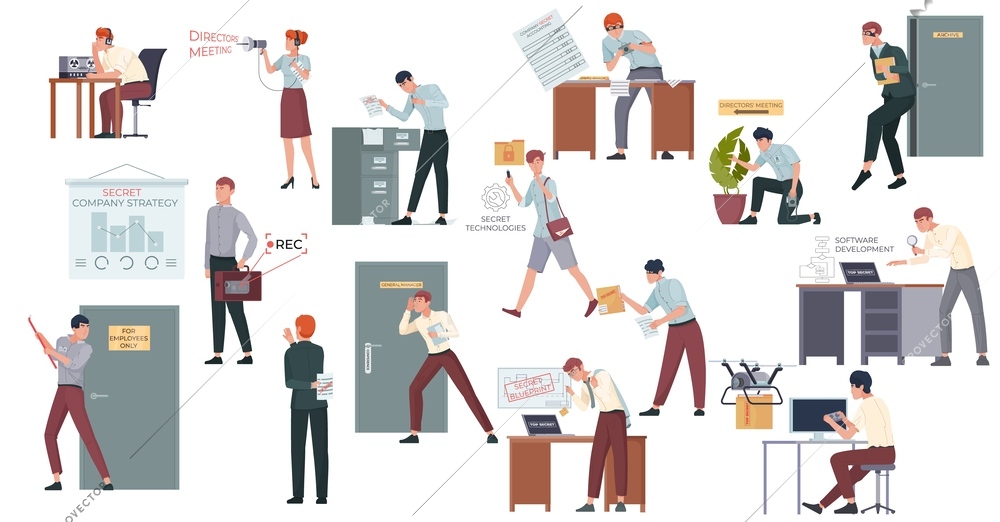 Industrial espionage flat set of isolated icons with doodle characters of office workers stealing secret data vector illustration