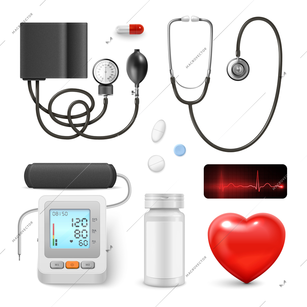 Realistic set of medical equipment and medication for measuring and controlling blood pressure isolated vector illustration