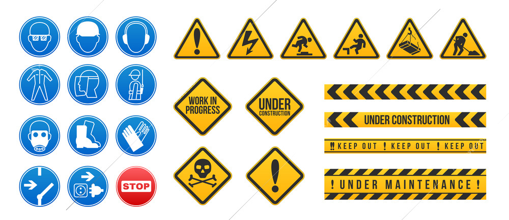 Realistic set of under construction tapes and warning signs isolated vector illustration