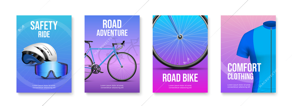 Realistic vertical neon color bicycle poster set with road bike accessories for safety ride and comfort clothing isolated vector illustration
