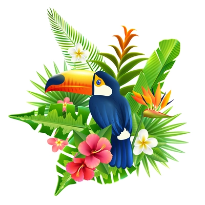 Tropical flowers and plant fronds set with toucan bird vector illustration