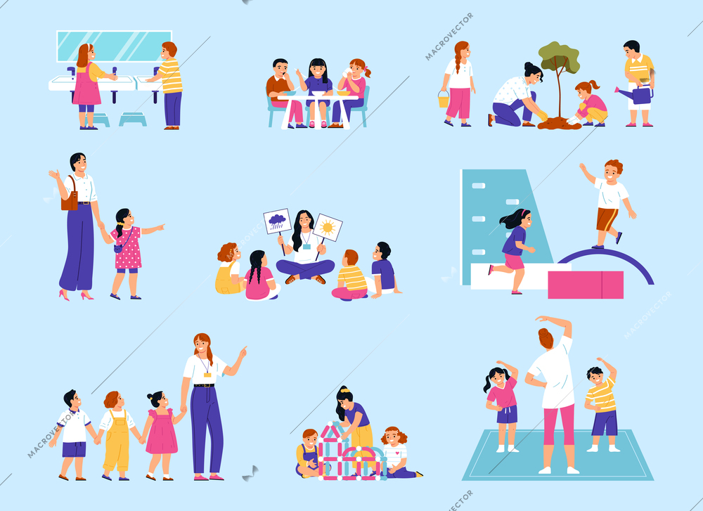 Kids daily routine in kindergarten flat set isolated on color background vector illustration