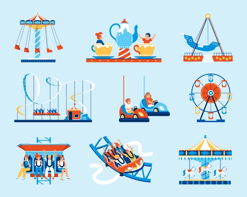 Amusement park attractions flat set with people having fun on roller coaster and carousels isolated on color background vector illustration