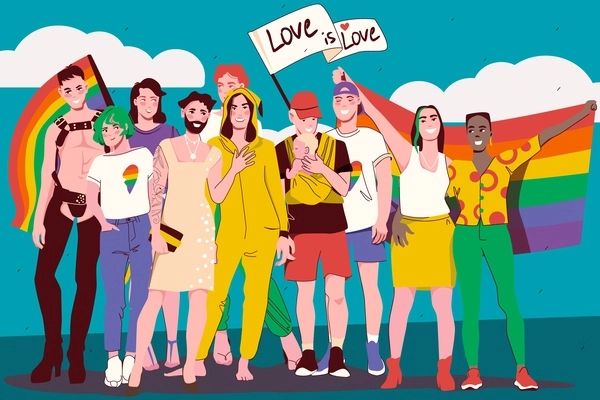 Happy lgbt community people with rainbow flags flat vector illustration