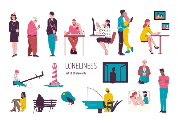 Loneliness flat set of men and women doing various activities alone isolated vector illustration