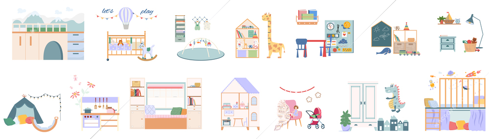 Baby room interior set with toys and bed flat isolated vector illustration