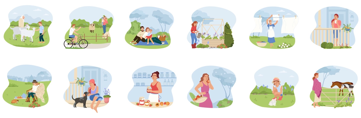 Countryside lifestyle icons set with rural activity symbols flat isolated vector illustration