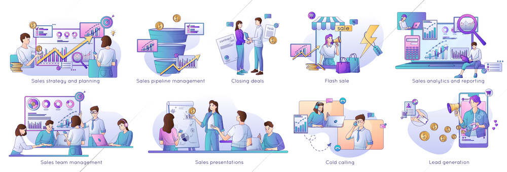 Sales management flat compositions depicting people developing analysis strategy planning presentation isolated vector illustration