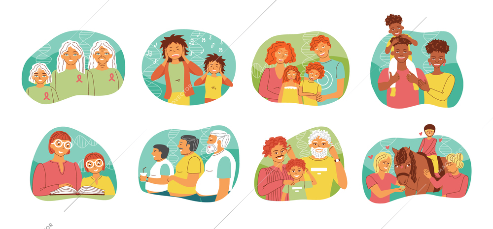 Heredity people flat set with isolated compositions of children adults and elderly people representing different symptoms vector illustration