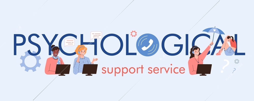 Flat text banner for psychological support service with smiling hotline operators helping people vector illustration